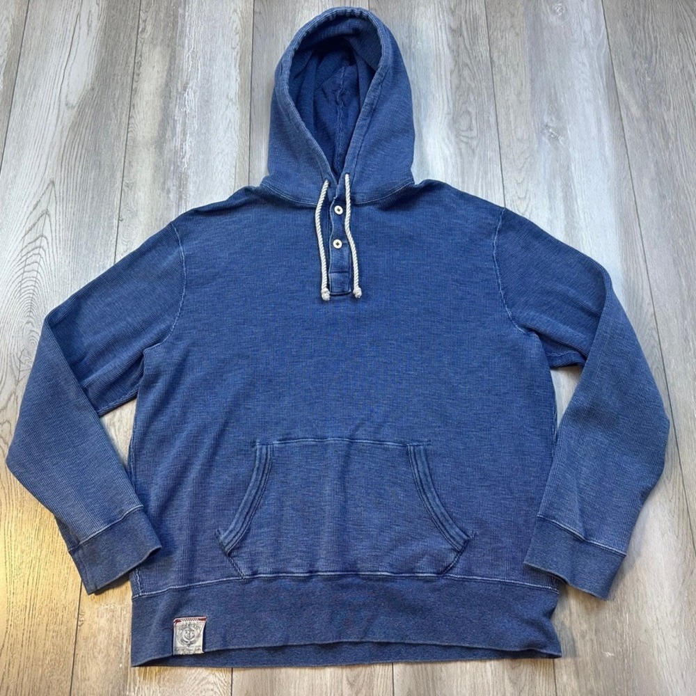 Polo Ralph Lauren Mens Blue Waffle Knit Henley Hoodie Vintage Thermal Large